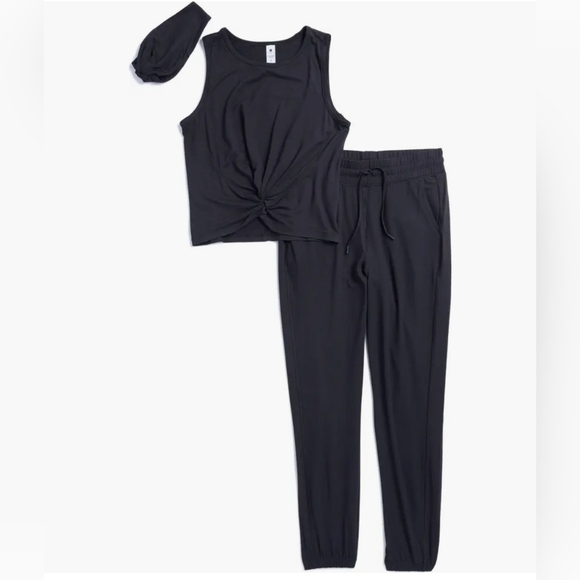 Yogalicious-Black Tank Top and Jogger Set With Headband - Picture 1 of 1